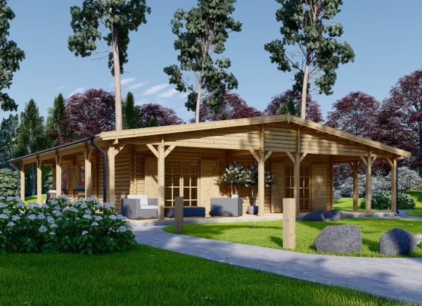 Chalet en bois habitable RIVIERA (Isolé RE2020, 44+44 mm), 100 m² + 20 m²  terrasse