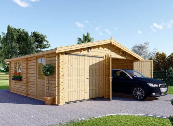 Garage en bois avec abri SILVIA F PLUS (34 mm + bardage), 6x6 m, 36 m²