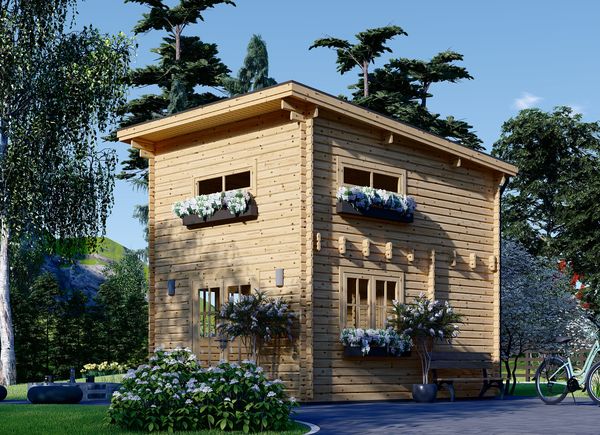 Chalet en bois habitable BERTA (Isolé RE2020, 44+44 mm), 72 m² avec  terrasse + 20 m² garage