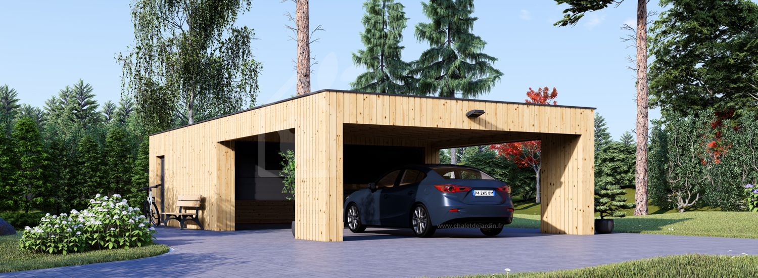 Garage en bois double SILVIA S (34 mm + bardage), 6x6 m, avec carport (aligné) 6x6 m visualization 1