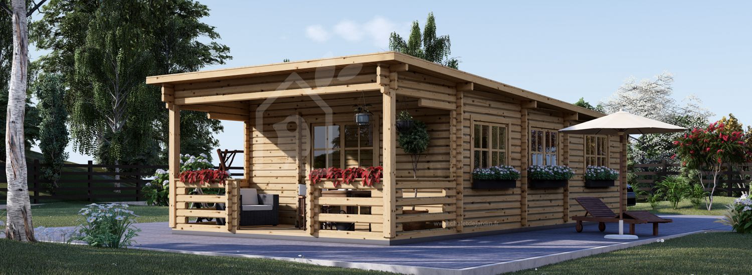 Chalet en bois à toit plat avec terrasse HYMER (44+44 mm), 42 m² + 10 m² visualization 1