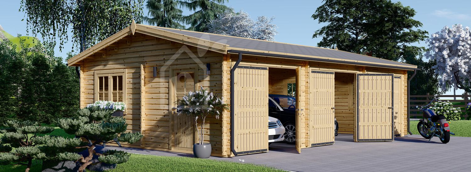 Garage en bois triple TRIO (44 mm), 9x6 m, 54 m²