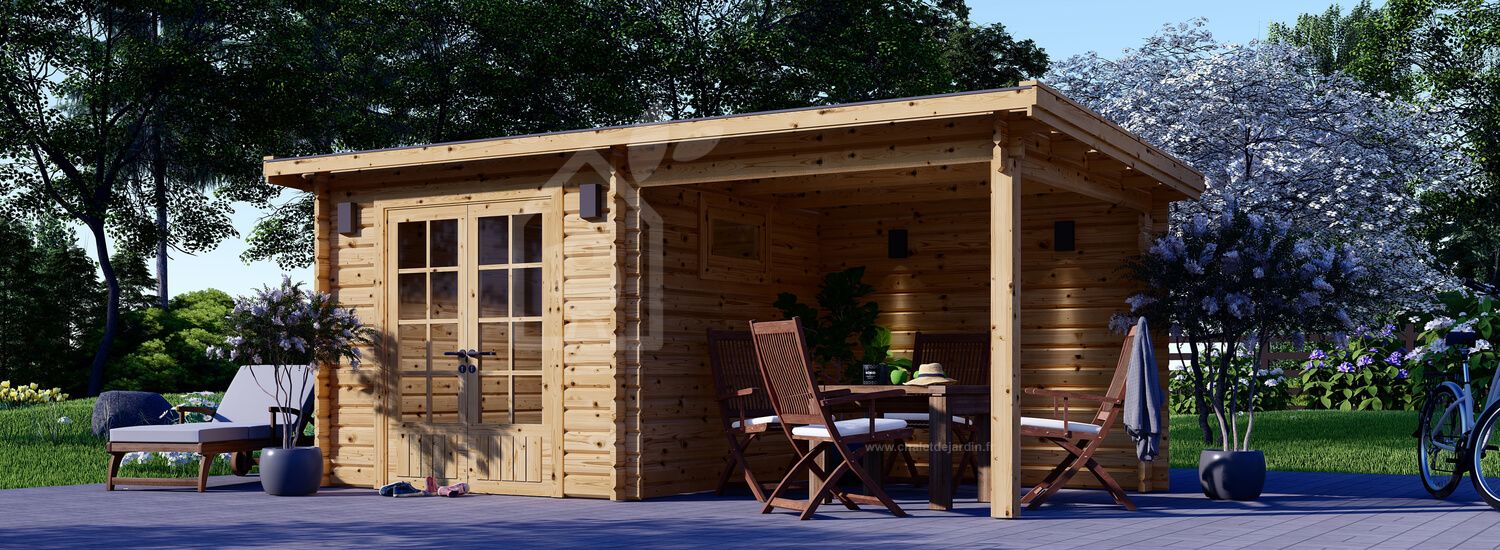 Abri de jardin en bois avec pergola LARISSA (28 mm), 5.2x2.7 m, 7 m² + 7 m²  Livraison rapide 3 - 5 semaines