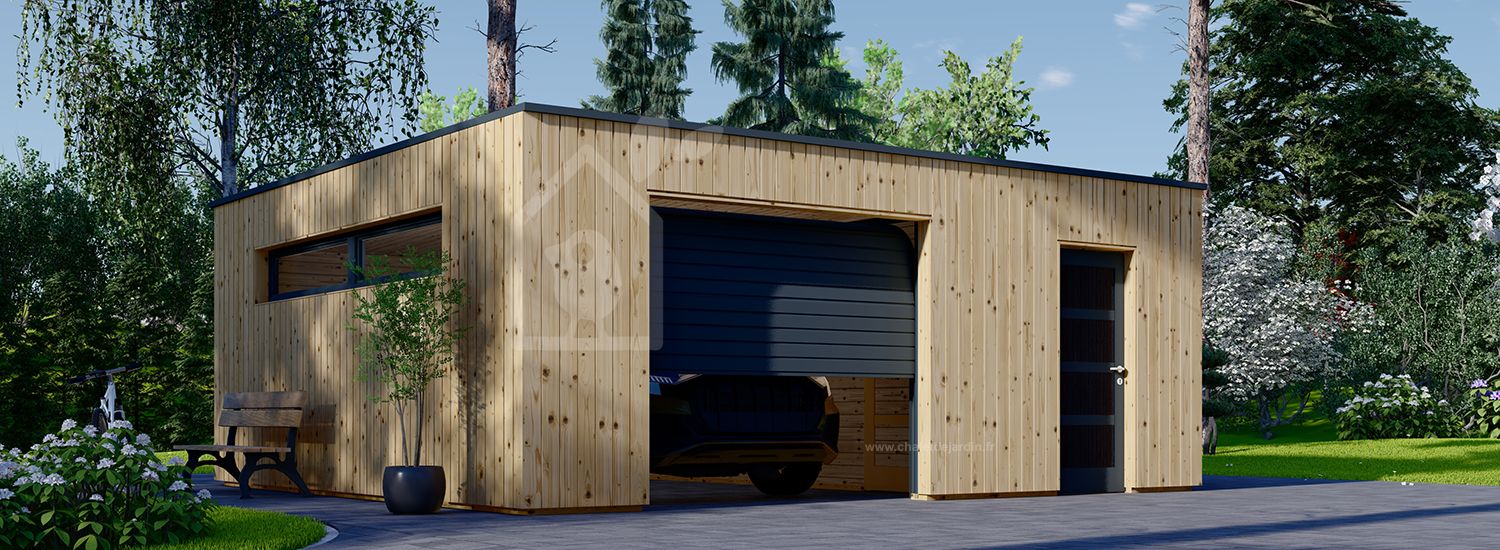 Garage en bois avec abri SILVIA F PLUS (34 mm + bardage), 6x6 m, 36 m²